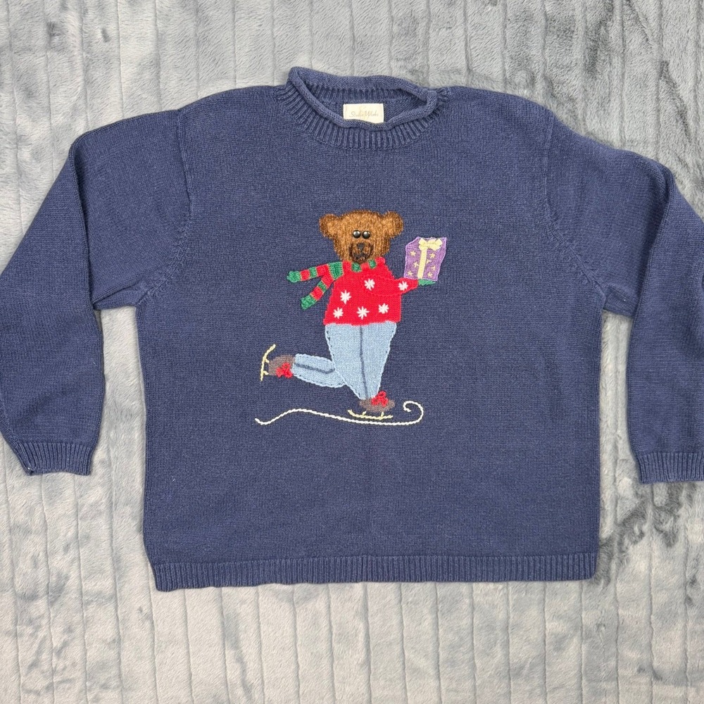 Studio Works Ice Skating Bear Vintage Sweater Navy Blue Ramie Cotton Womens L